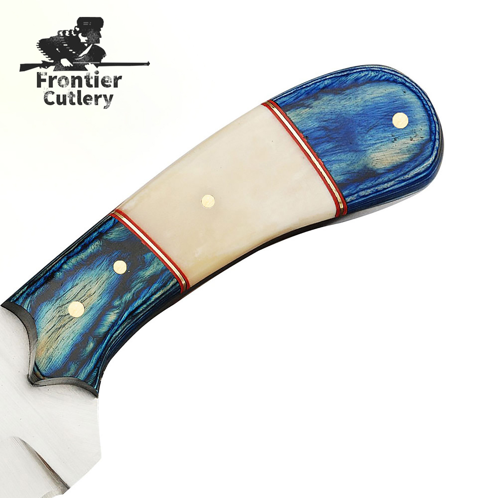 Custom Handmade Stainless Steel Hunting Style with Durable Leather Cover & Color Wood Bone Handle