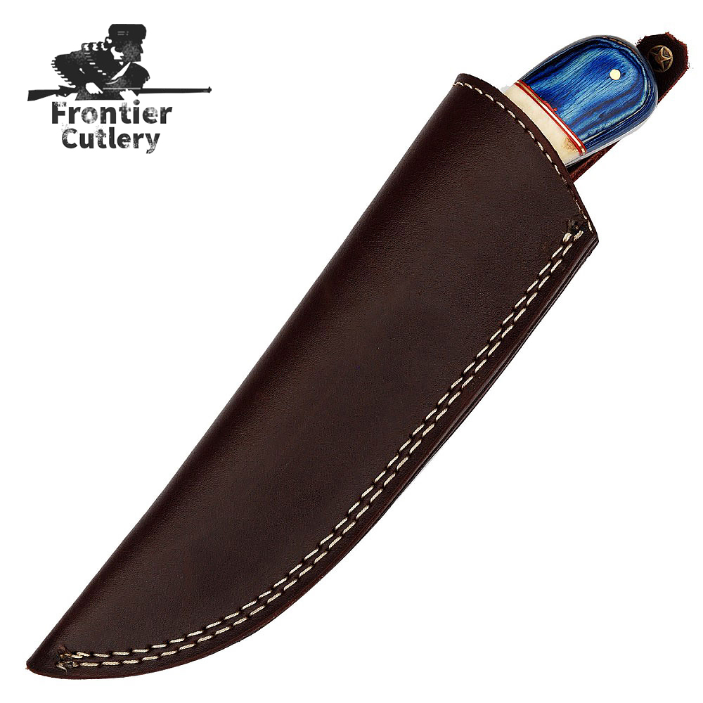 Custom Handmade Stainless Steel Hunting Style with Durable Leather Cover & Color Wood Bone Handle